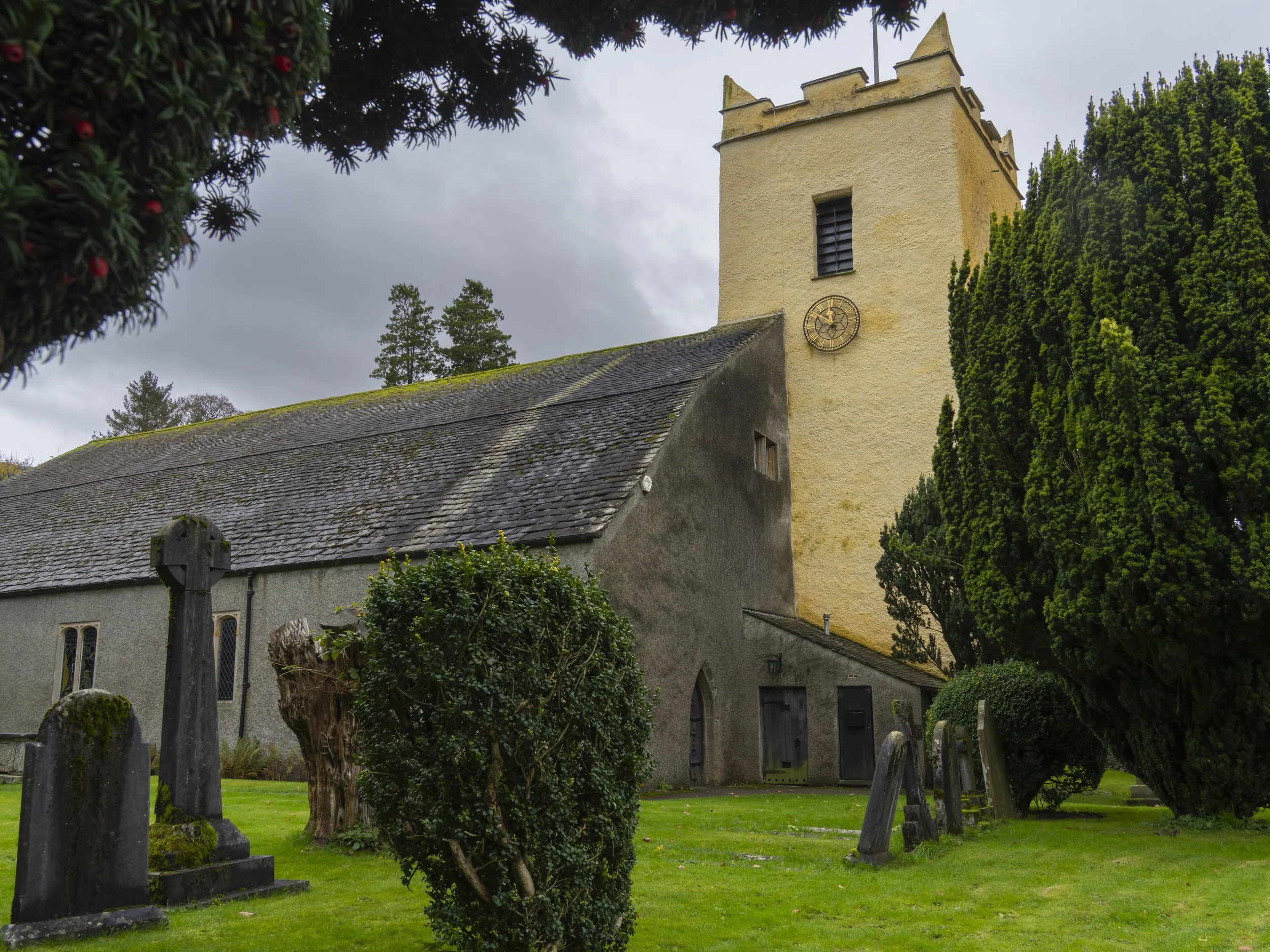 St Oswald's Church, Grasmere, Lake District, England. Construction began in the 13th Century; the poet William Wordsworth is buried here.