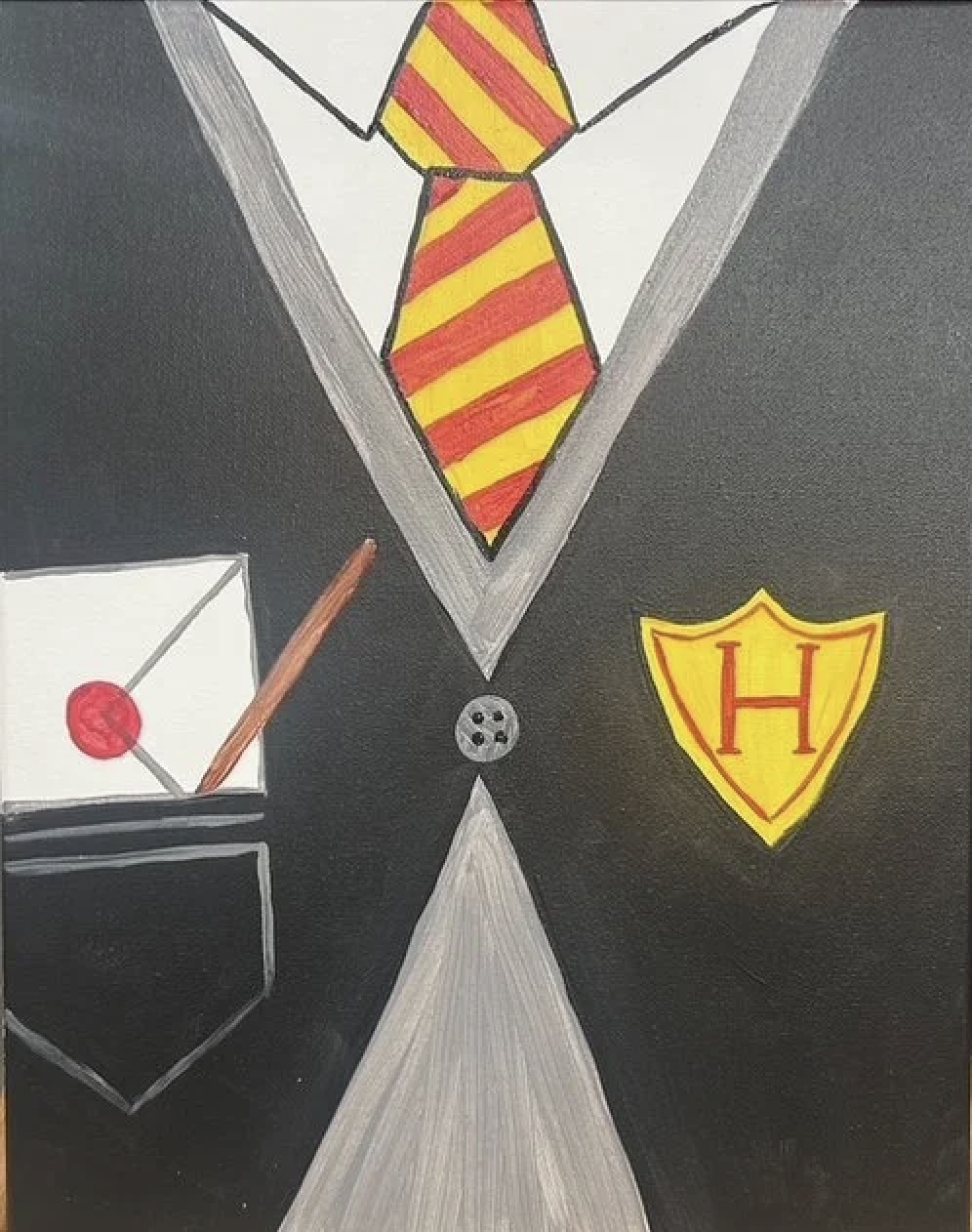 Drawing of a person in a suit with a red and yellow striped tie, a clipboard with a red dot and a pencil, and a yellow shield emblem with a red 'H' on it.