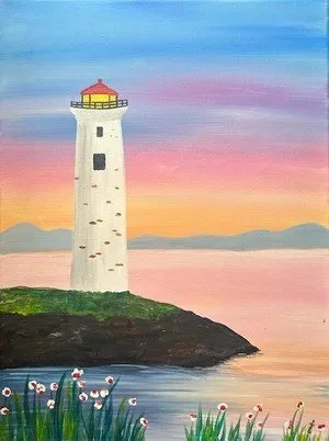 Come paint this light house lake painting at Inspiration Haven Art Studio