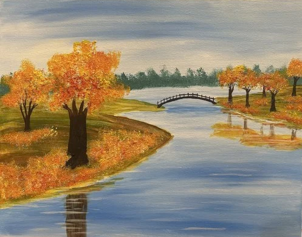 An autumn landscape painting featuring orange and yellow trees along a calm river, with a small wooden bridge in the background and reflections in the water.