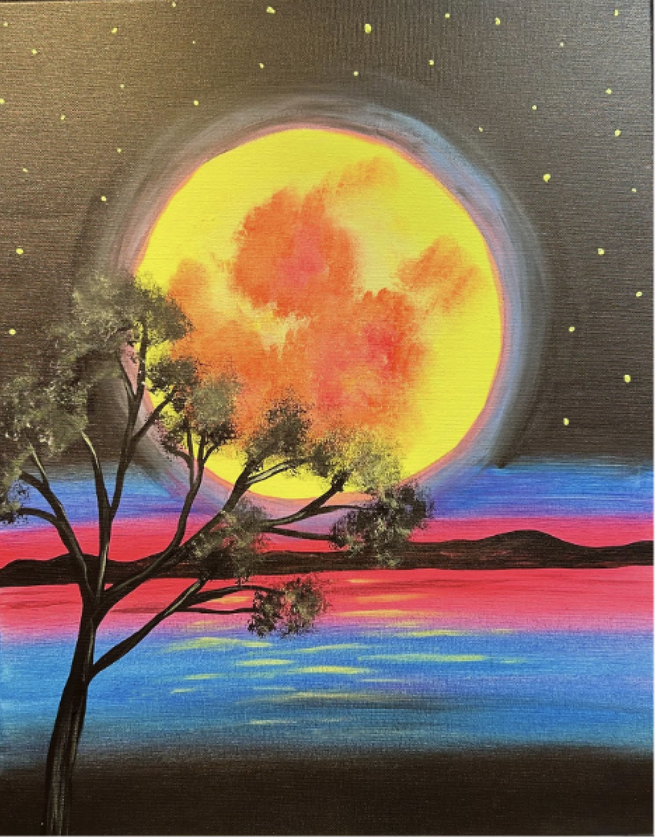 A colorful painting of a sunset or sunrise over water with a prominent yellow and orange moon or sun in the background, trees in the foreground, and a starry night sky.