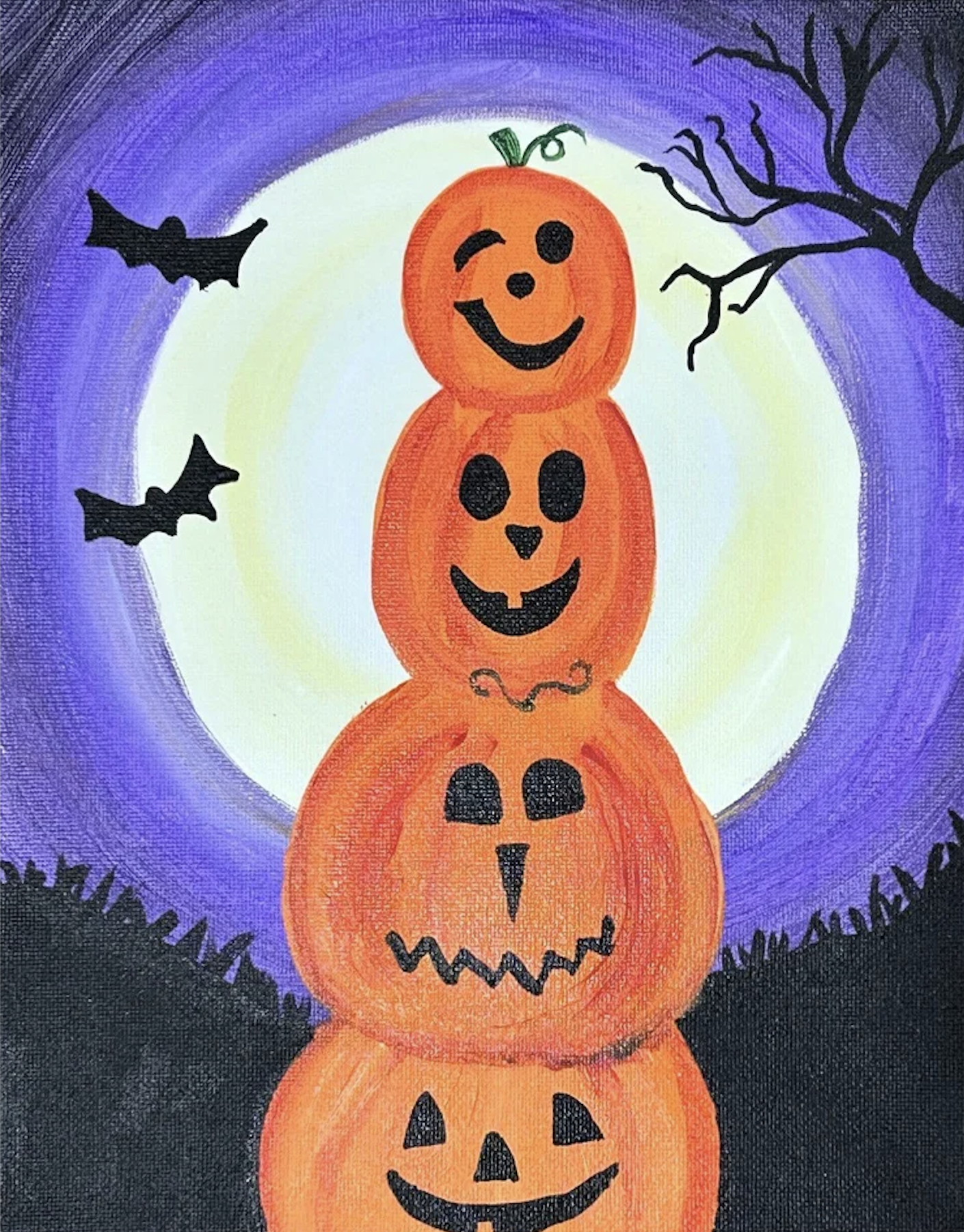 Painting of stacked orange pumpkins with various facial expressions, surrounded by black bats, bare tree branches, and a moonlit sky in purple and black hues.