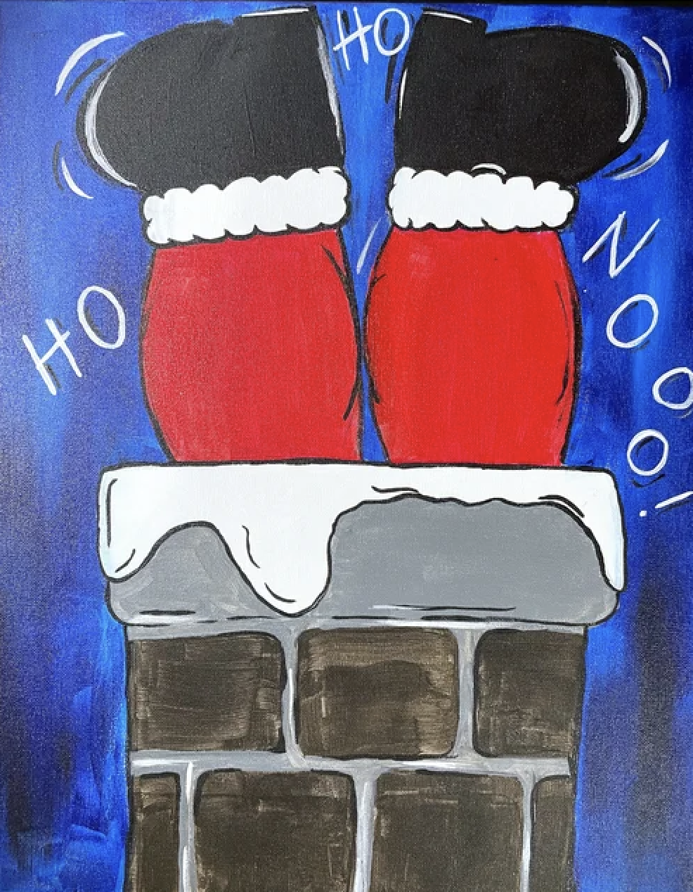 Holiday-themed illustration featuring Santa Claus's feet in black boots with white fur trim, red pants, standing on a chimney with blue background, with 'Ho Ho Ho' written around.