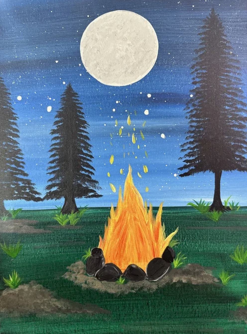 Painting of a campfire burning under a full moon, with tall pine trees surrounding the scene and stars in the night sky.