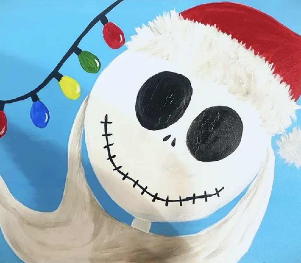 Painting of a character with a skull face wearing a Santa hat, holding a string of colorful holiday lights, against a blue background.