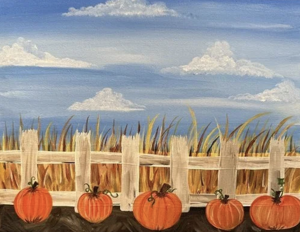 Painting of a wooden fence with five orange pumpkins hanging on it, set against a background of grassy field, blue sky, and clouds.