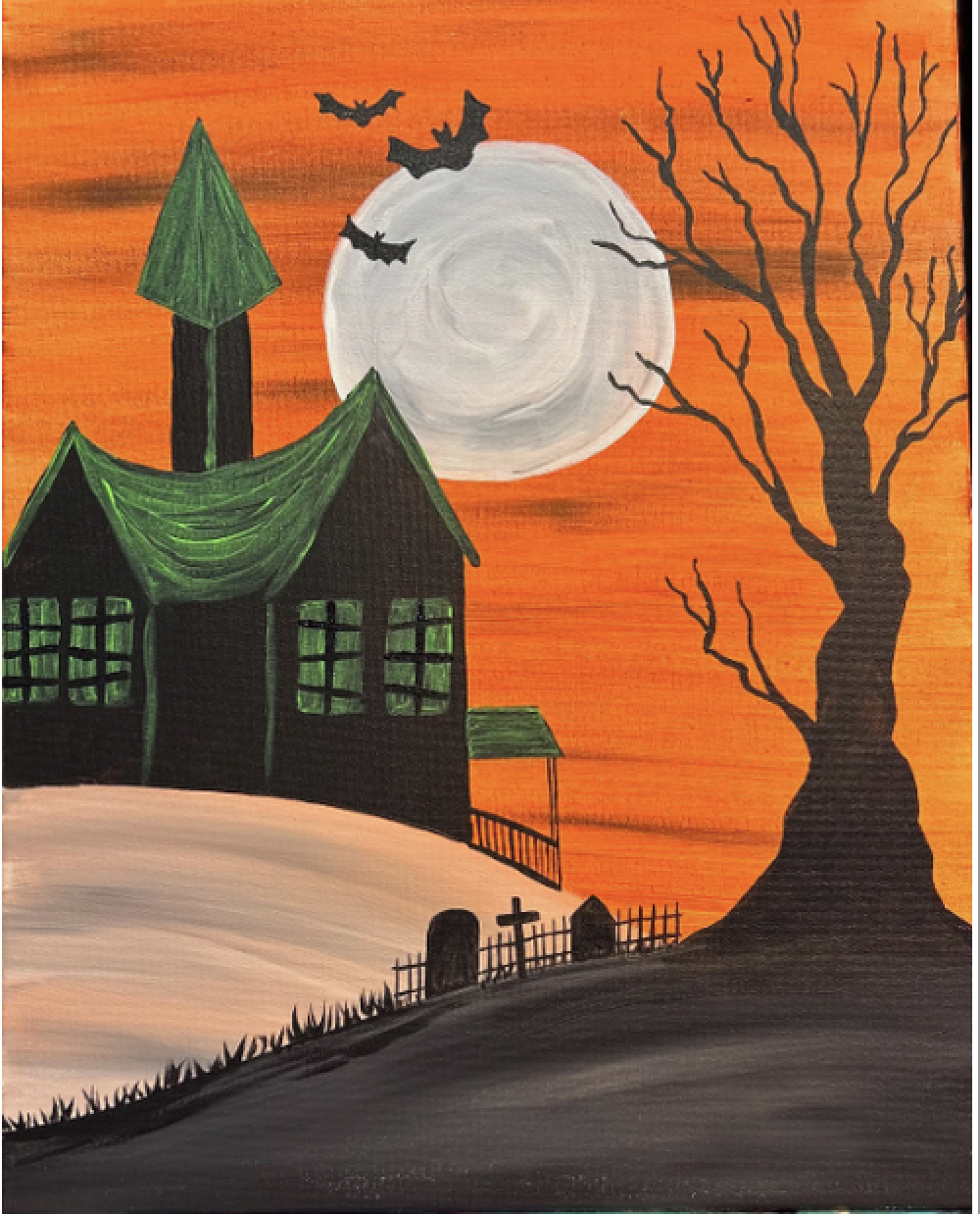 A Halloween-themed painting of a haunted house with green roof and windows, a large full moon in an orange sky, bats flying near the moon, a barren tree, and a small graveyard with crosses