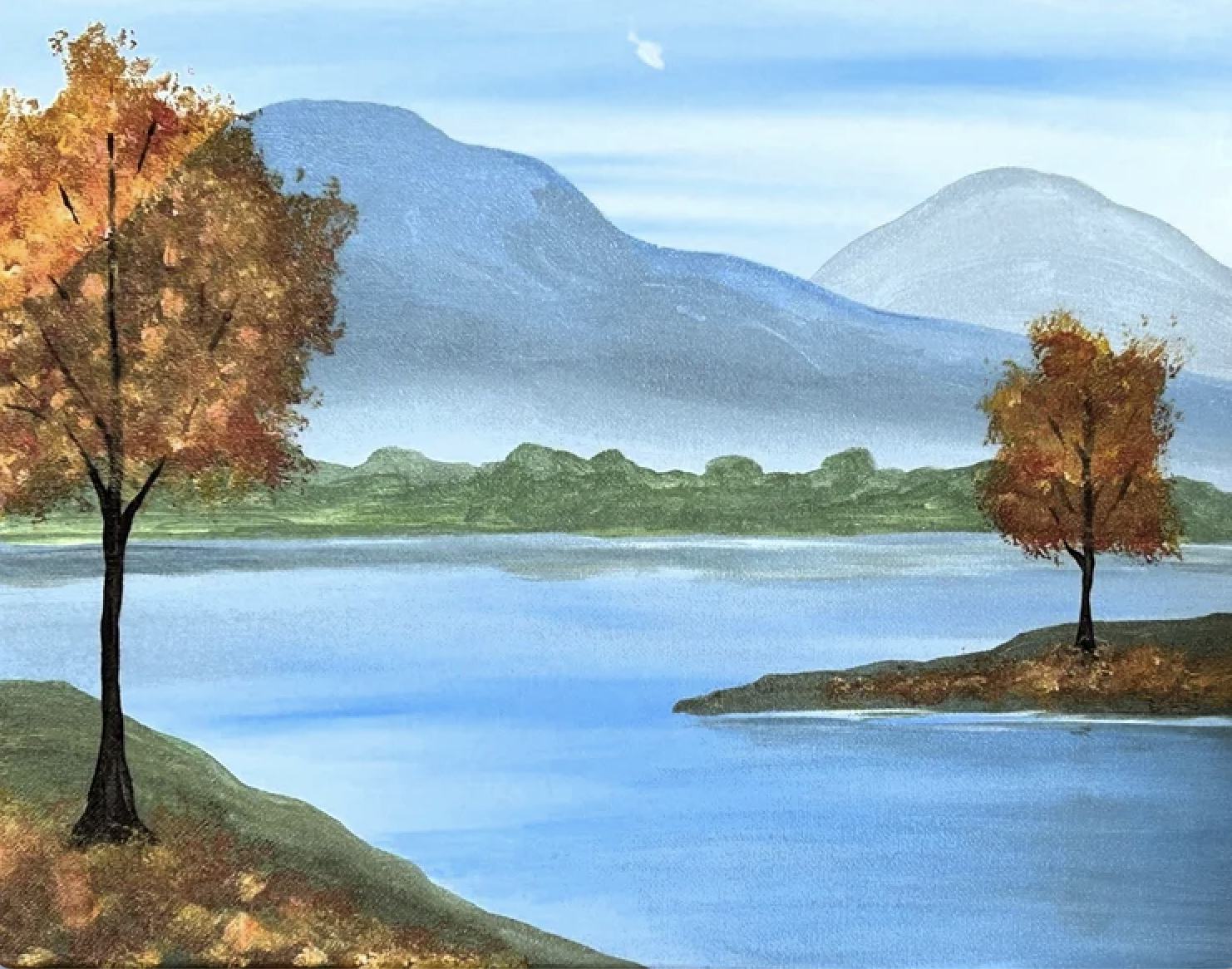 Painting of a lakeside landscape with two autumn trees on either side, green grass, calm blue water, distant green hills, and blue mountains in the background under a partly cloudy sky.