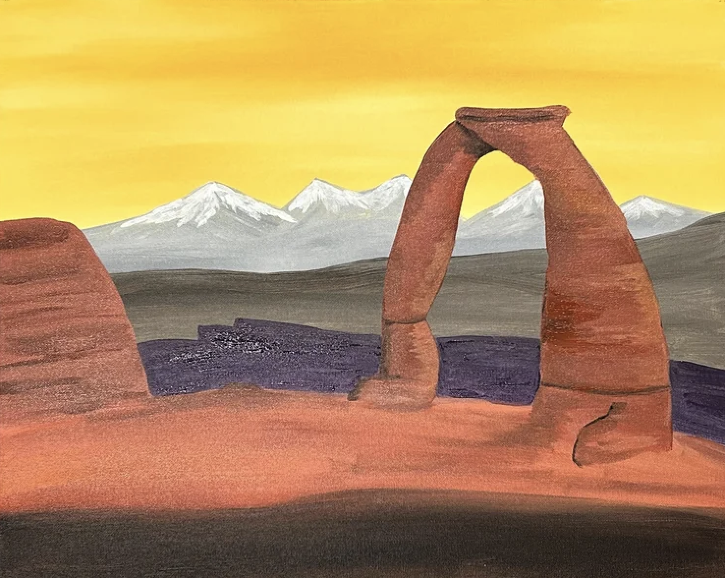A painting of a desert landscape with a large natural stone arch, distant snow-capped mountains, and a yellow sky.