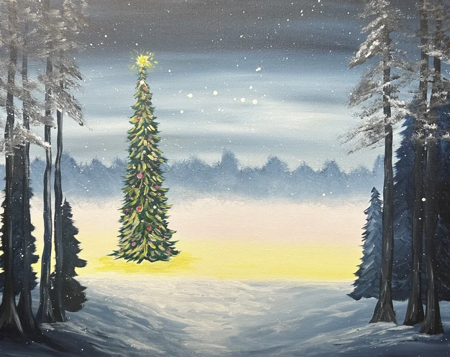 A painting of a snow-covered forest with a decorated Christmas tree in the center, a glowing star on top, in a winter scene at sunset or sunrise.