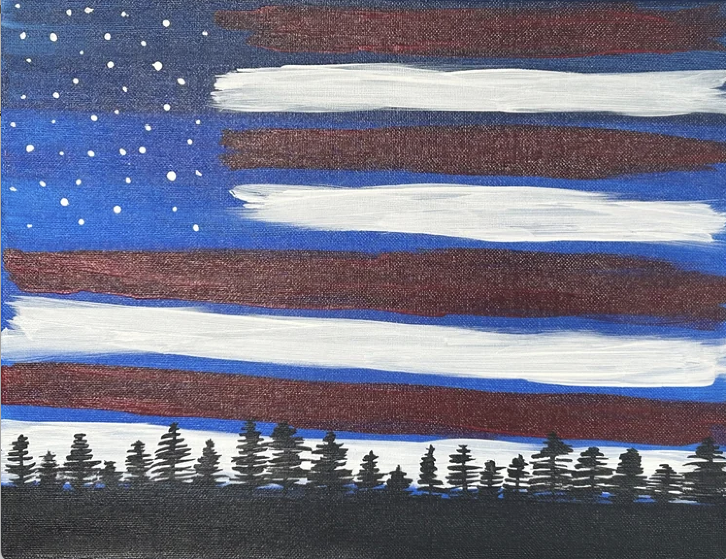 Painting of an American flag flying above a silhouette of pine trees, with a starry night sky in the background.