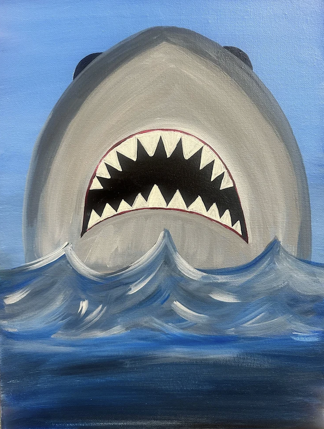 Painting of a large shark's head emerging from the ocean with its mouth open, showing sharp teeth, in a cartoon style.