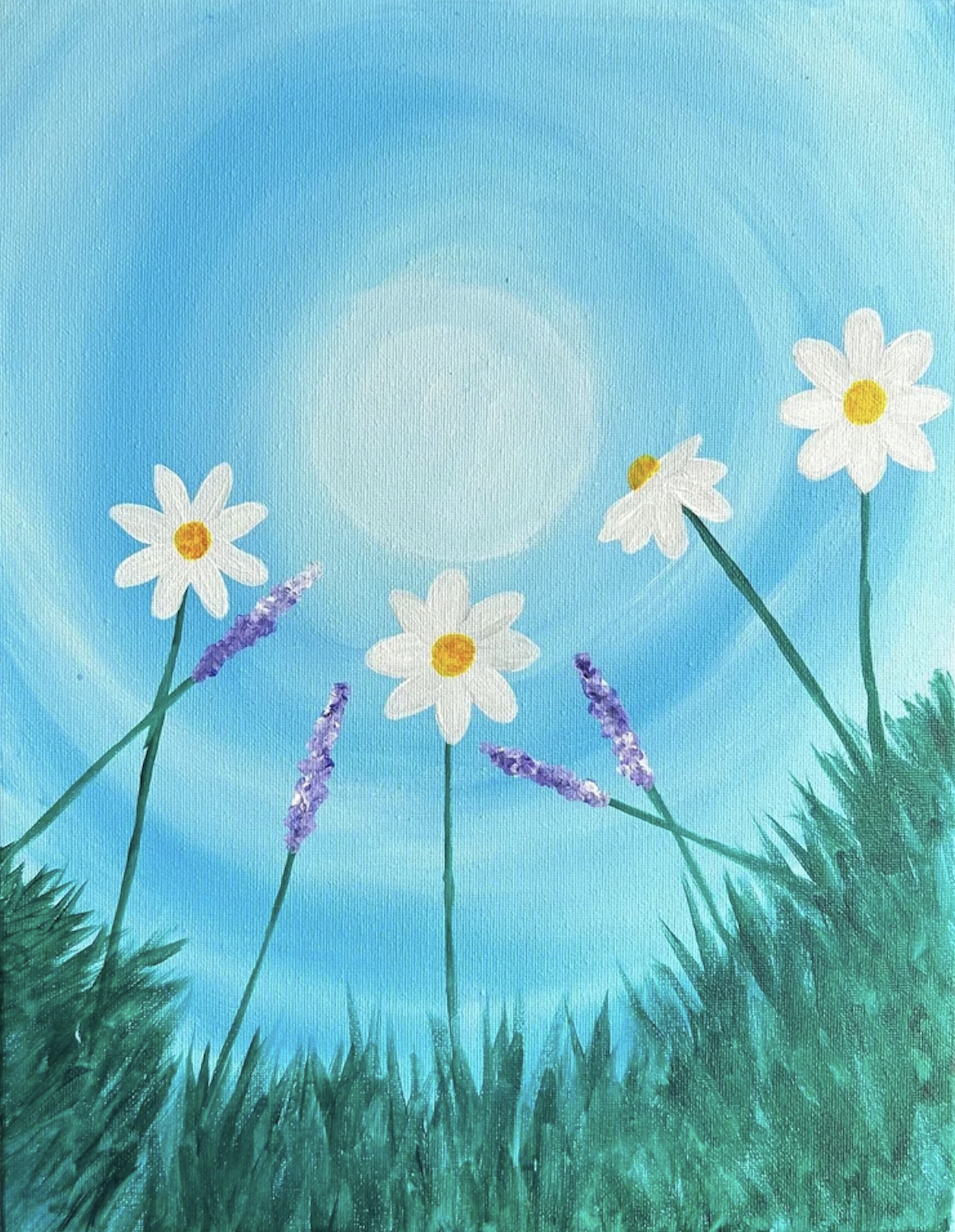 Watercolor painting of white daisies with yellow centers and purple lavender flowers in green grass with a blue sky background.