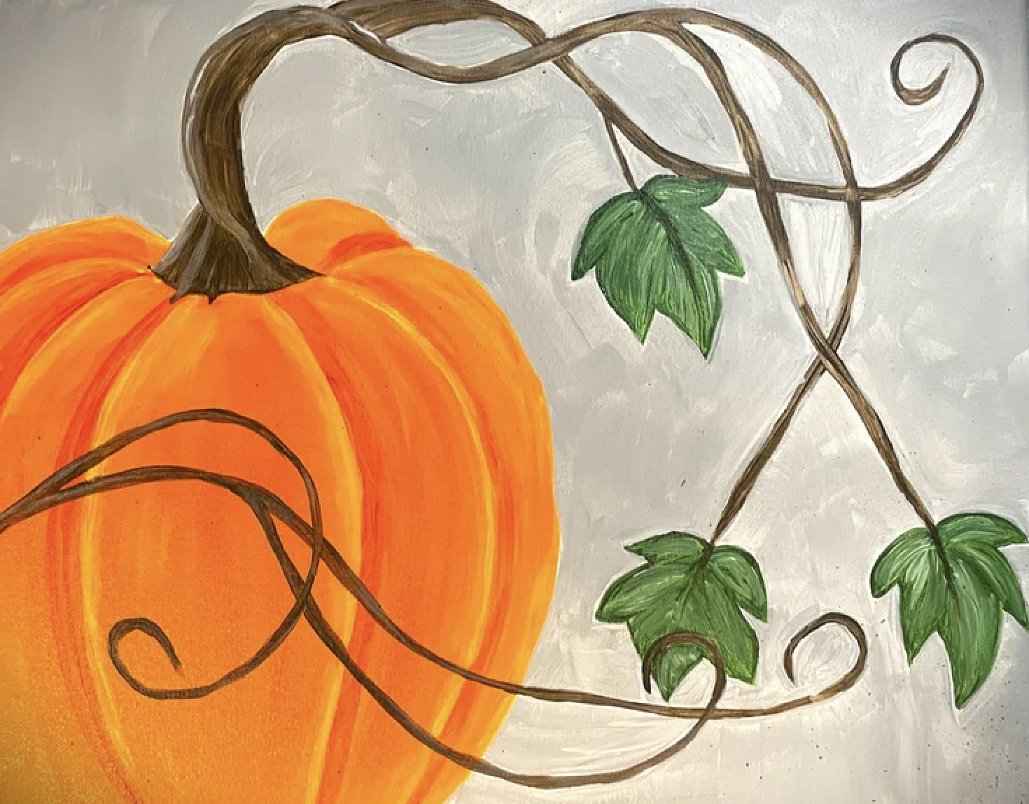 A painting of an orange pumpkin with green leaves and brown twisting vine tendrils on a gray background.