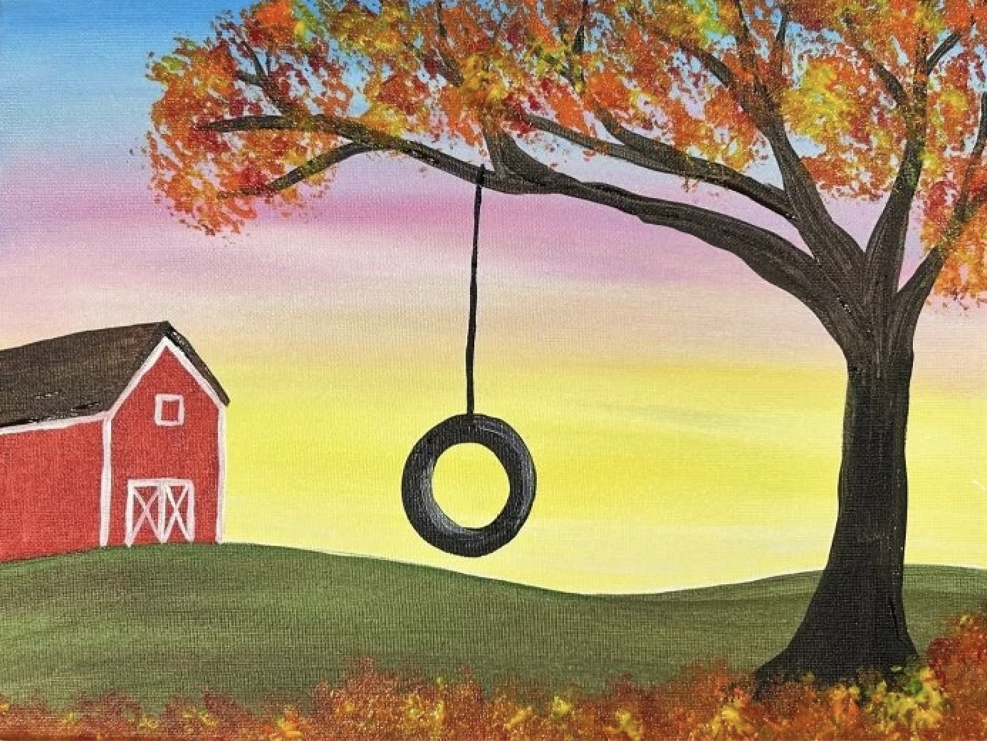 A painting of a sunset over a hill, with a large tree on the right side. The tree has colorful fall leaves and a tire swing hanging from a branch. To the left, there is a red barn with white accents.