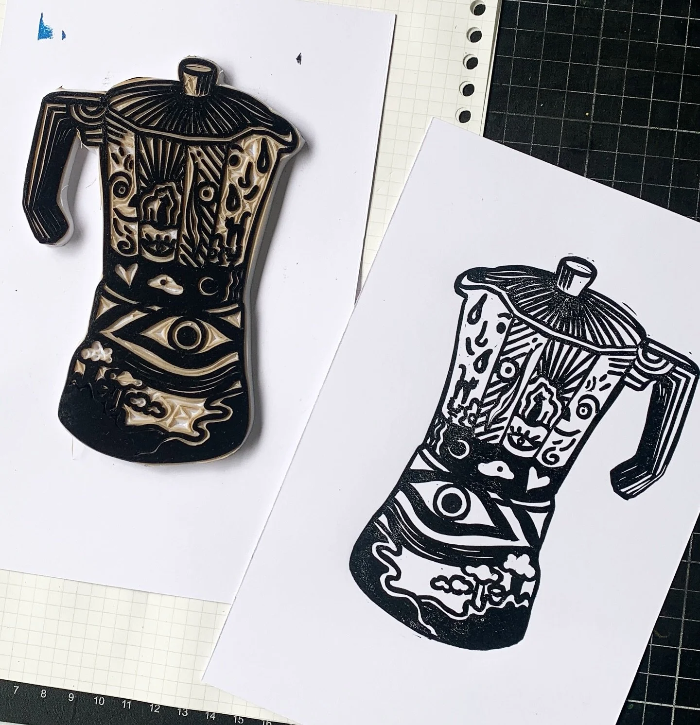 &ldquo;Good morning, My love🤎&rdquo; A5 linocut print - Who love moka pot coffee like I do? &hellip; This linocut print is available on my website☕️