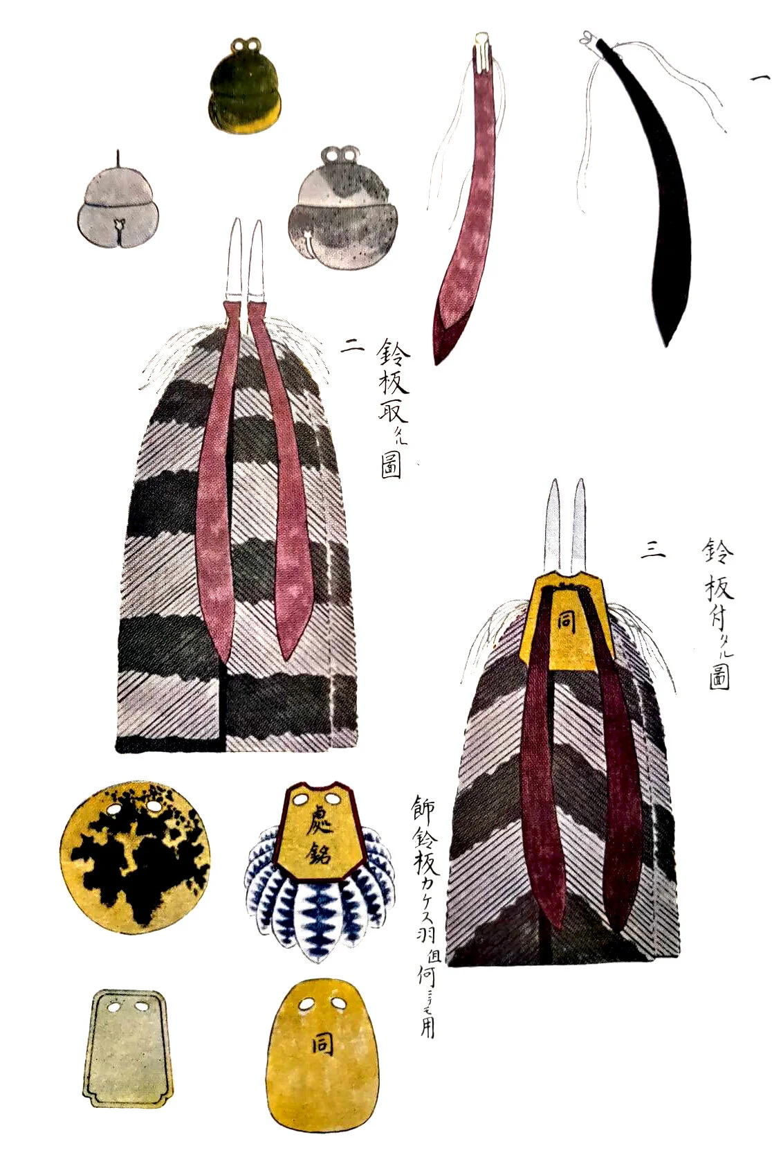 Method of attaching bells to deck feathers. From Hoko no Koto