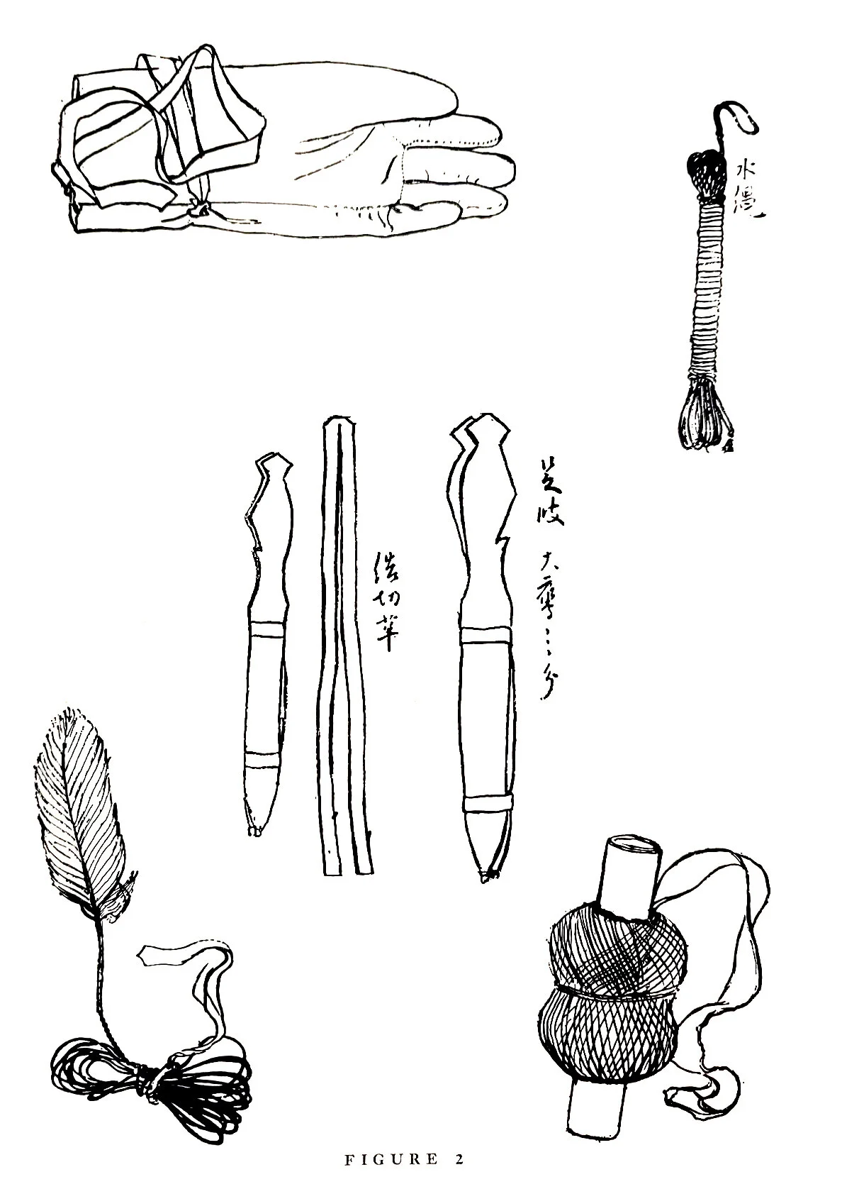 Hawking gear. Top, glove. Center, jesses. Upper right, mizunawa (waxed leash, used to tether a hawk when bathing). Lower left, kiriheo. Lower right, okinawa (creance). From scroll (makimono) by Doiku Kawanabe, Nineteenth Century. 