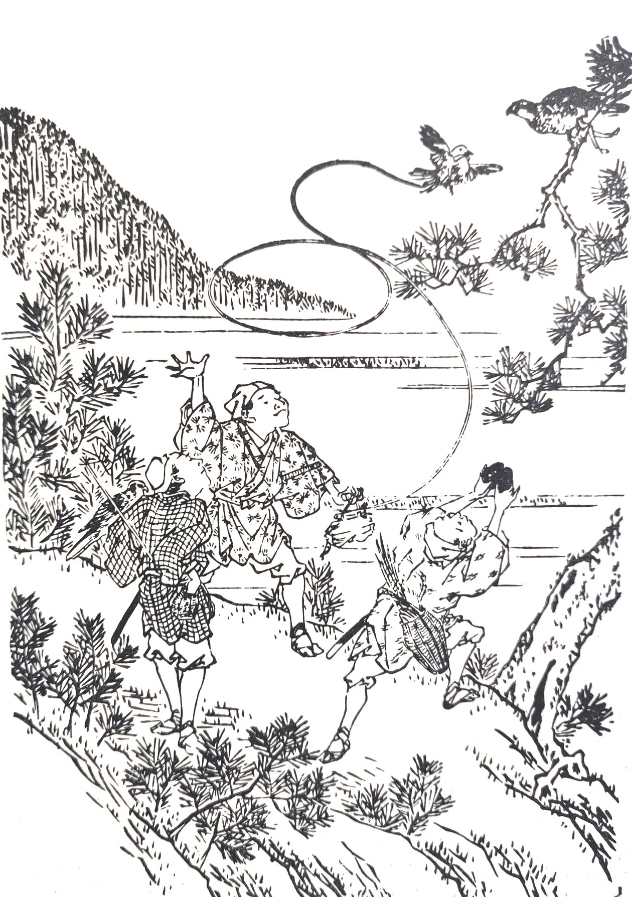 Luring a goshawk with a live pigeon and egoshi. From Ebon Taka Kagami. 