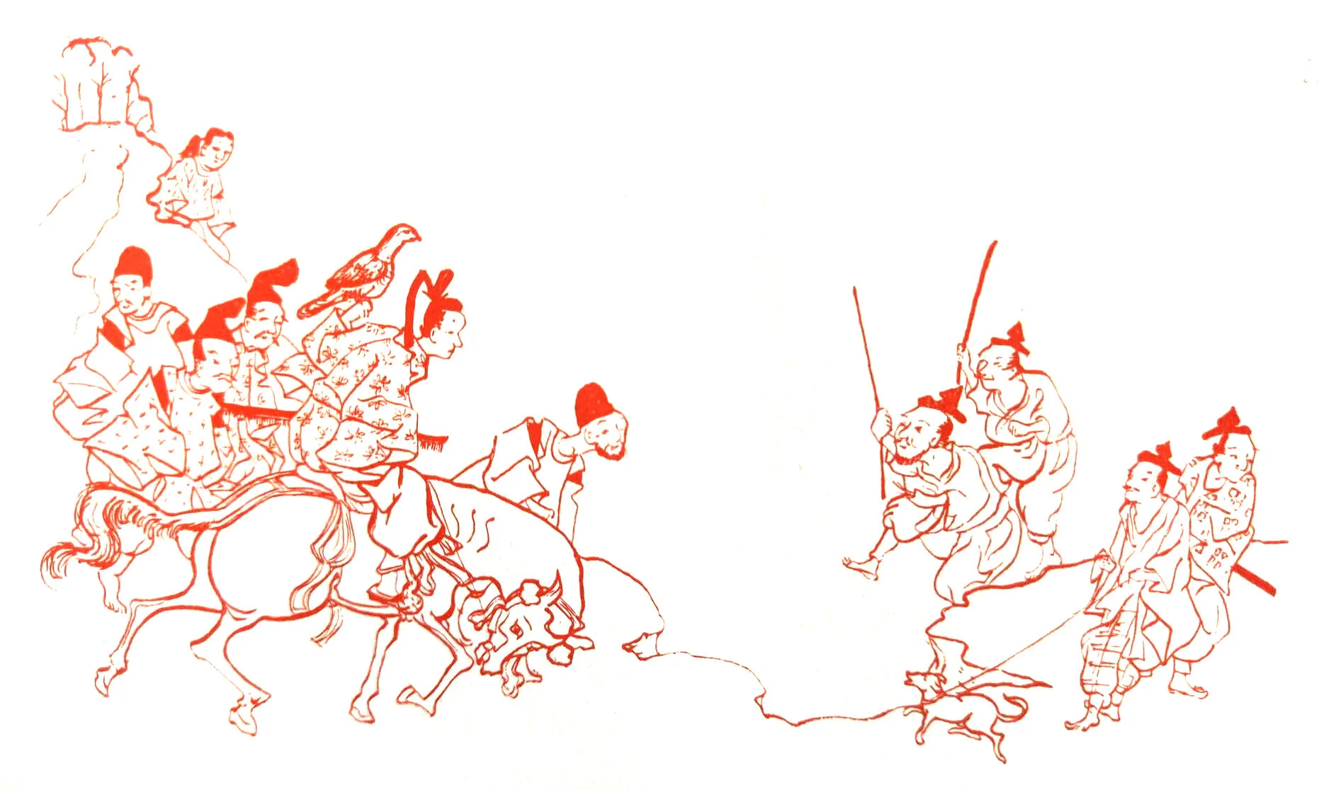 The hunting scene is from an old painting (artist unknown).