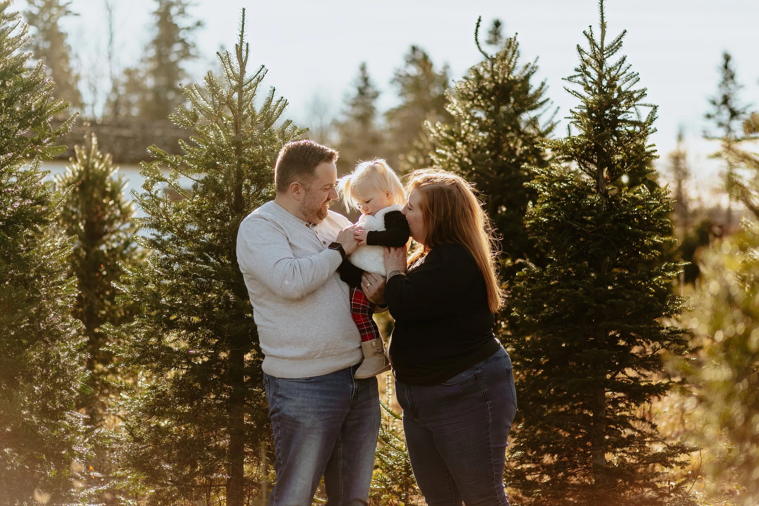Family with child standing among evergreen trees in sunlight