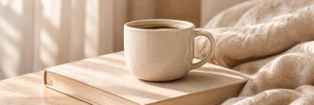 Cup of coffee resting on a book beside a soft blanket