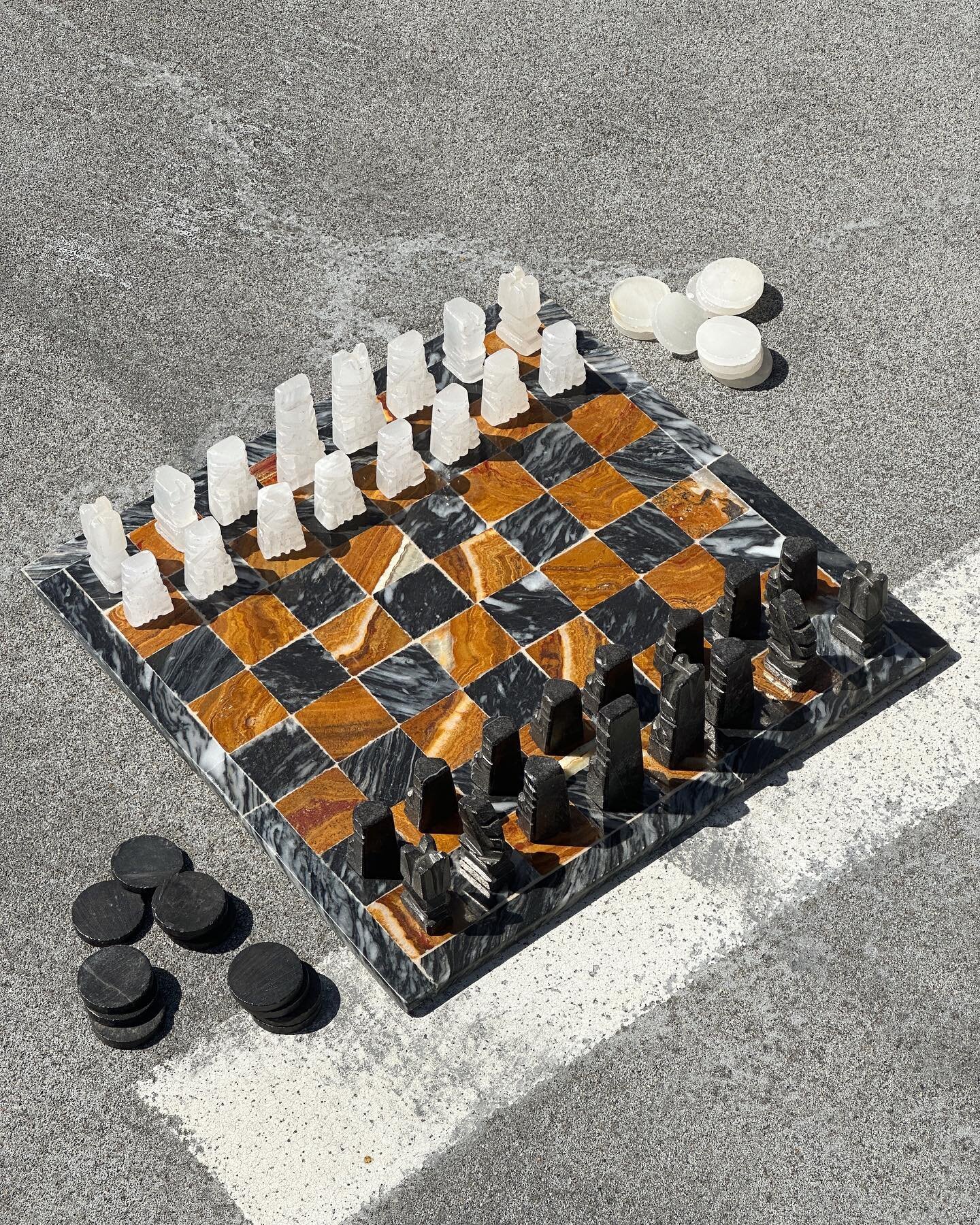$145 | Vintage large two-toned caramel brown + black checkerboard with a full chess set and 23/24 checker pieces.

L 14.25&rdquo; x W 14.25

Condition: 9/10 &mdash; missing 1 checker piece

FREE LOCAL PICKUP | $20 DELIVERY FEE WITHIN 25 MILE RADIUS O