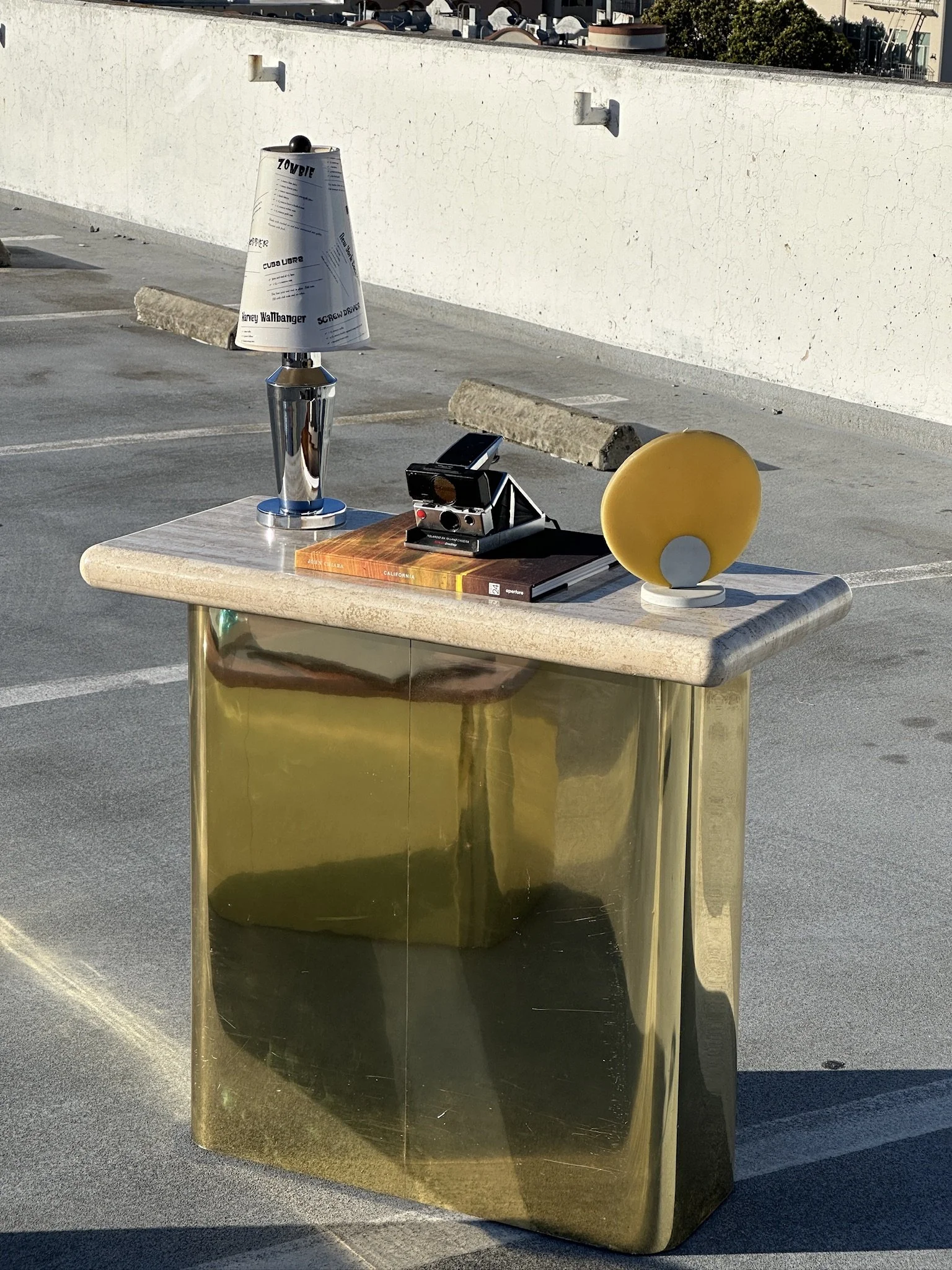 Vintage Polished Brass Entryway Console Table with White Stone Top