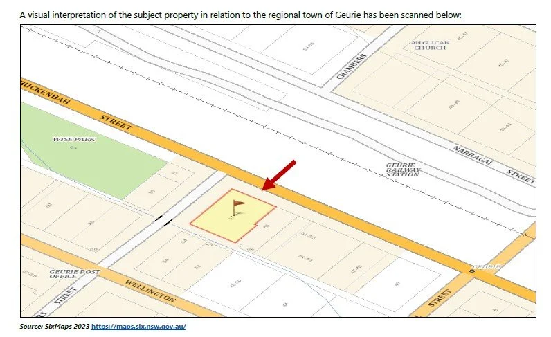 Map showing the location of a property marked with a red arrow in Geurie, with nearby streets, a park, a railway station, and a church.