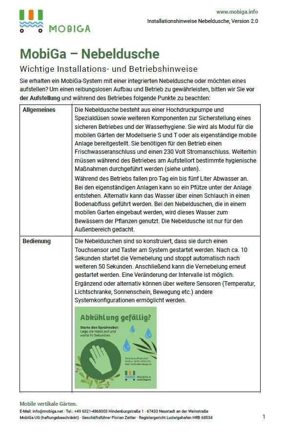 Installationshinweise für eine Nebeldusche, inklusive technischer Details und Bedienungshinweisen.