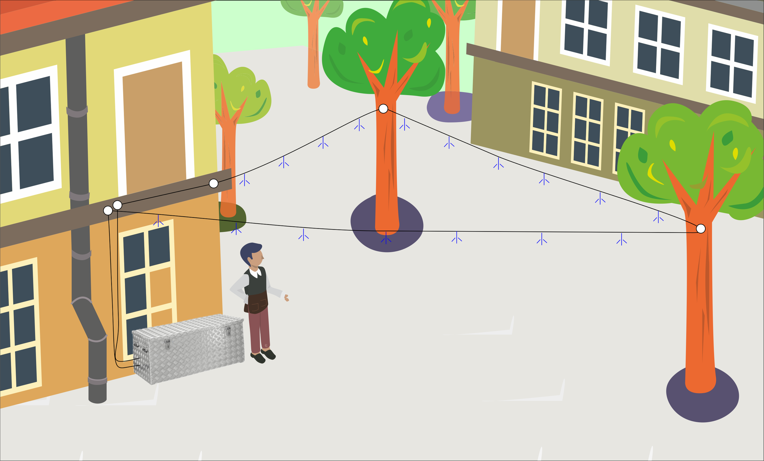 Ein öffentlicher Platz mit mehreren Bäumen, Gebäuden und einer Person. Es hängen Seile mit Nebeldüsen zwischen den Bäumen, die an einer Hauswand befestigt sind.