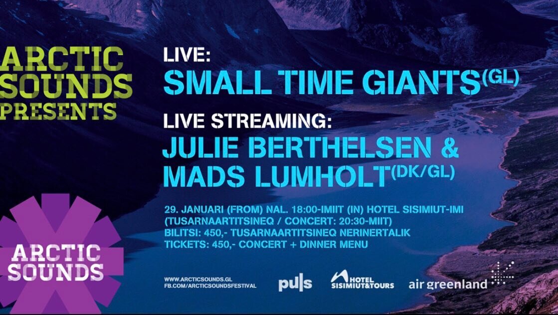 On friday january 29th we will present @smalltimegiants unplugged live, and livestream concert by @madsbenjaminlumholt and @berthelsenjulie in #HotelSisimiut. All this tied together by an amazing dinner menu by Restaurant Nasaasaaq 😍💜 Tickets are a