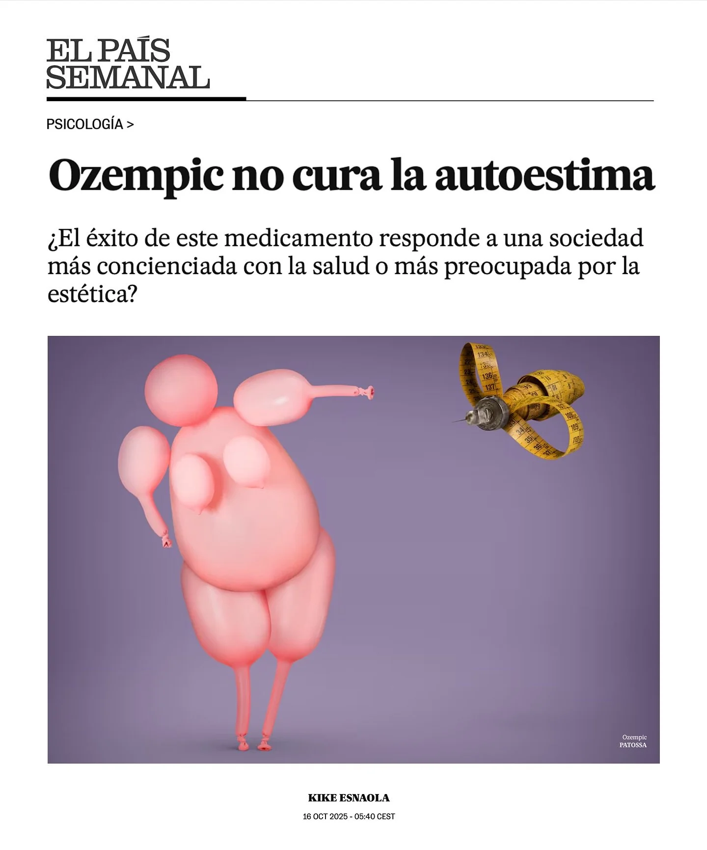 Hoy vuelvo a @elpaissemanal para abordar los efectos sociales y culturales que tiene la extensión del uso del Ozempic y me pregunto (para que todxs nos podamos preguntar) si realmente somos una sociedad más concienciada con la salud o m