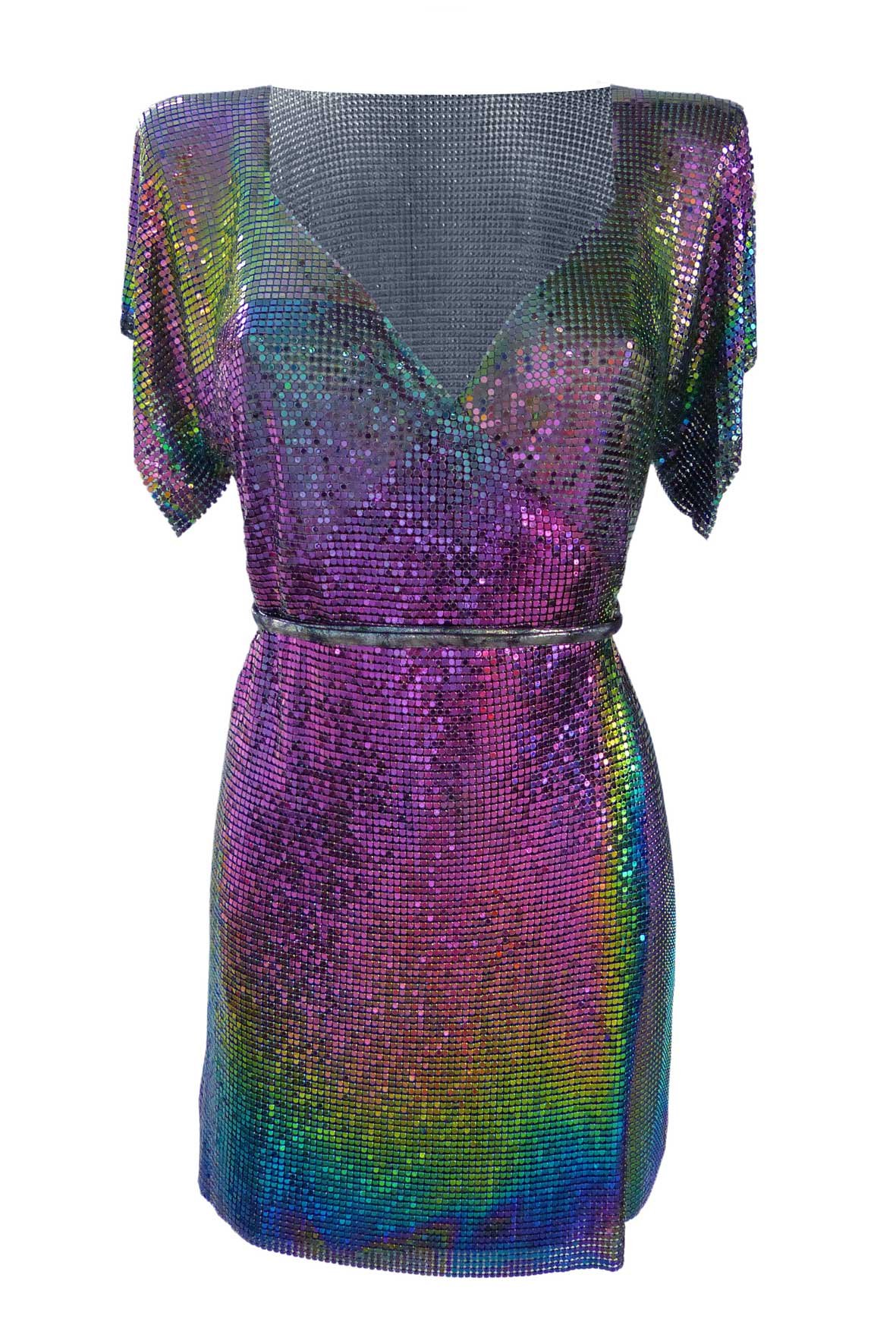 Short metal wrap dress with v-neck and butterfly sleeves in multicolour ...