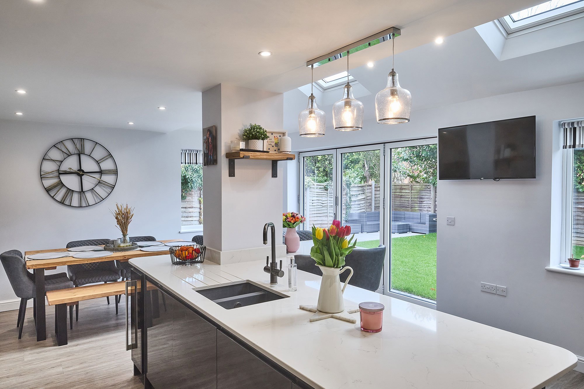 Conversion to open plan kitchen and dining area with bifold doors