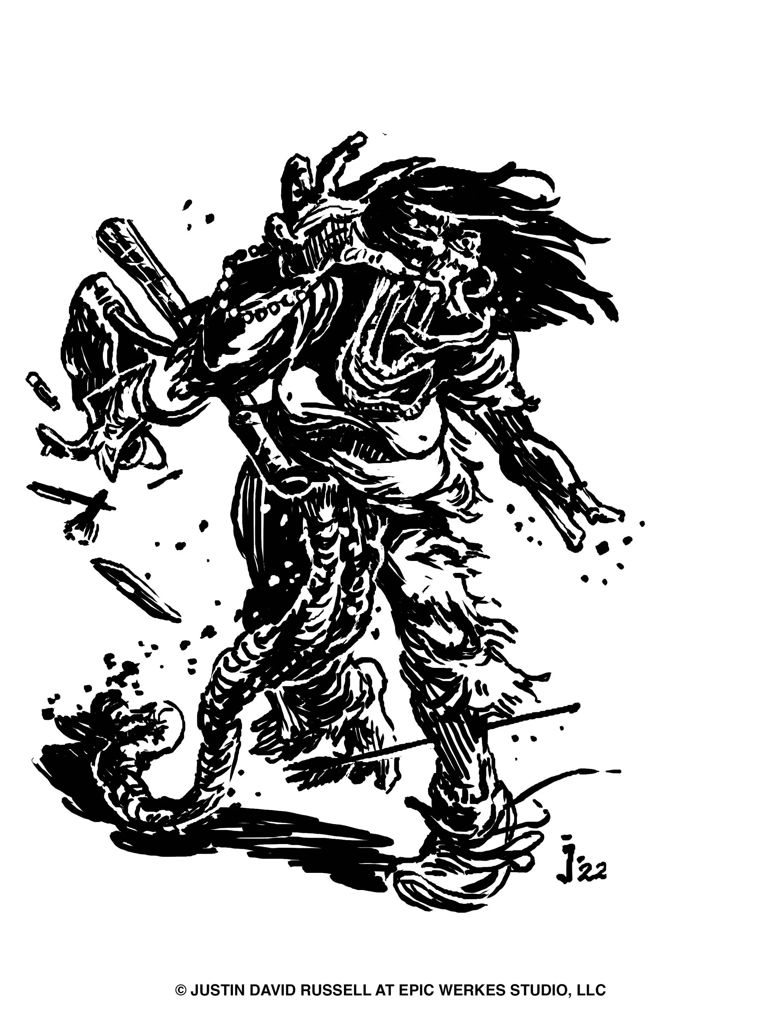 Black and white ink drawing of a fierce, armored orc warrior with long hair, holding a sword, standing in a battle-ready stance.