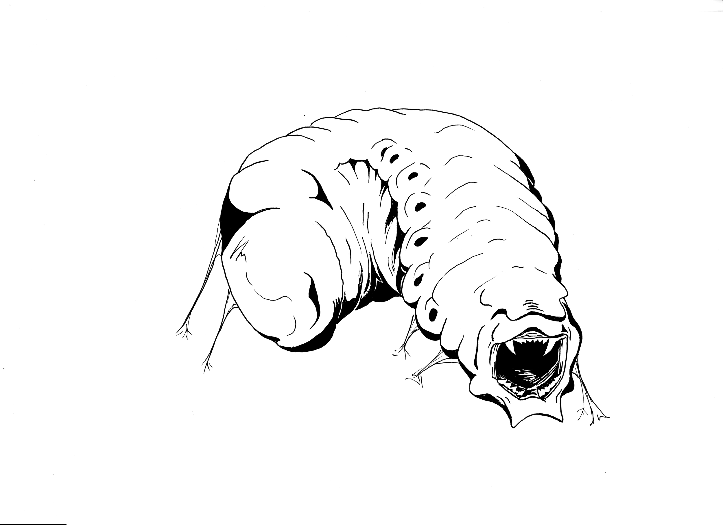 Black and white line drawing of a caterpillar with an open mouth showing sharp teeth.