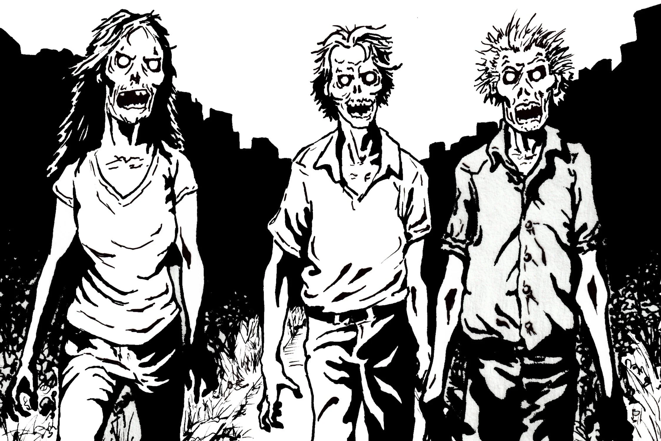 Black and white illustration of three zombies walking on a street with dark buildings in the background. They have torn clothes and decayed, skeletal faces.