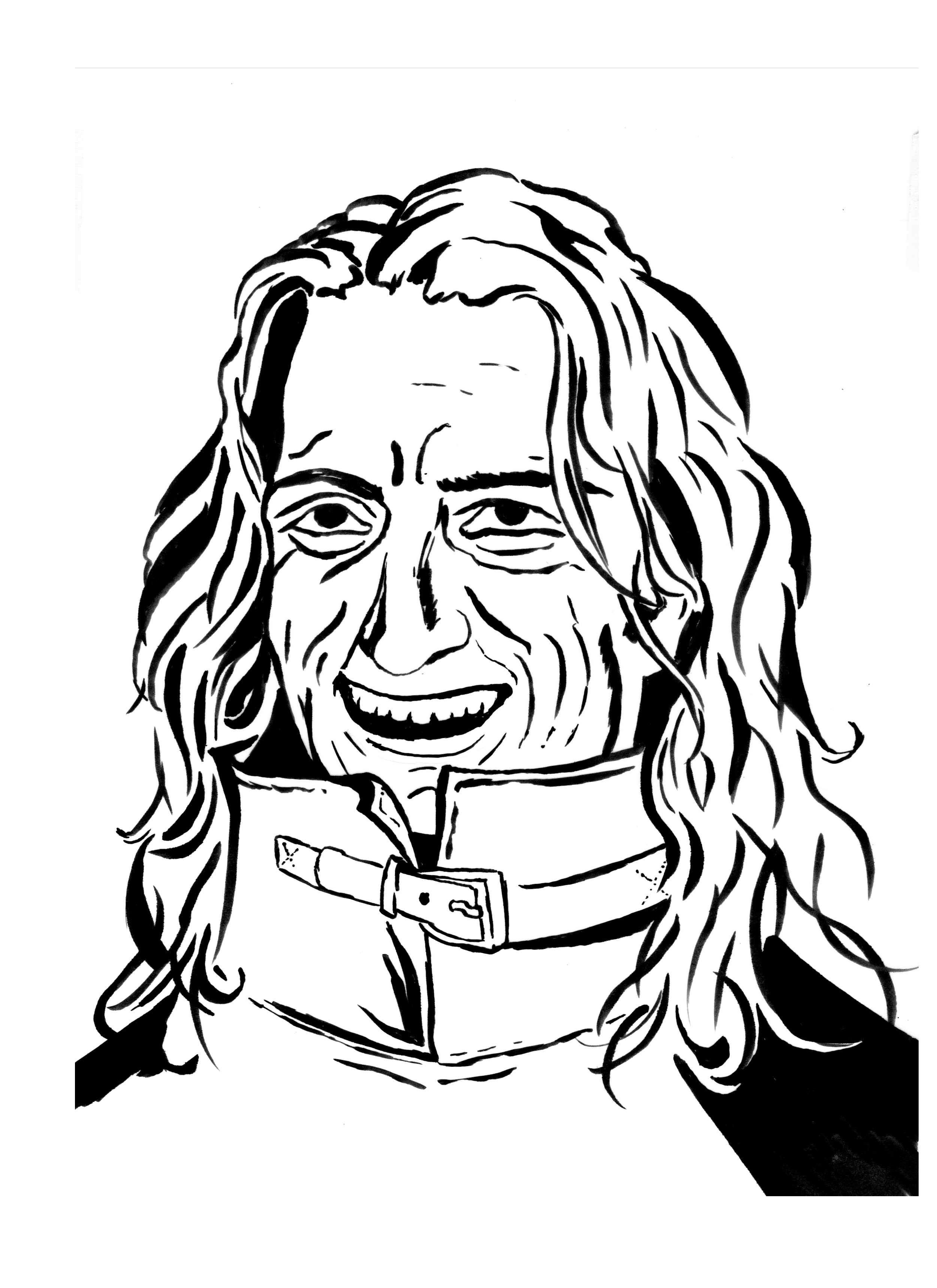 Black and white illustration of a woman with long, wavy hair, smiling, wearing a high-collared jacket with a zipper and buckle.