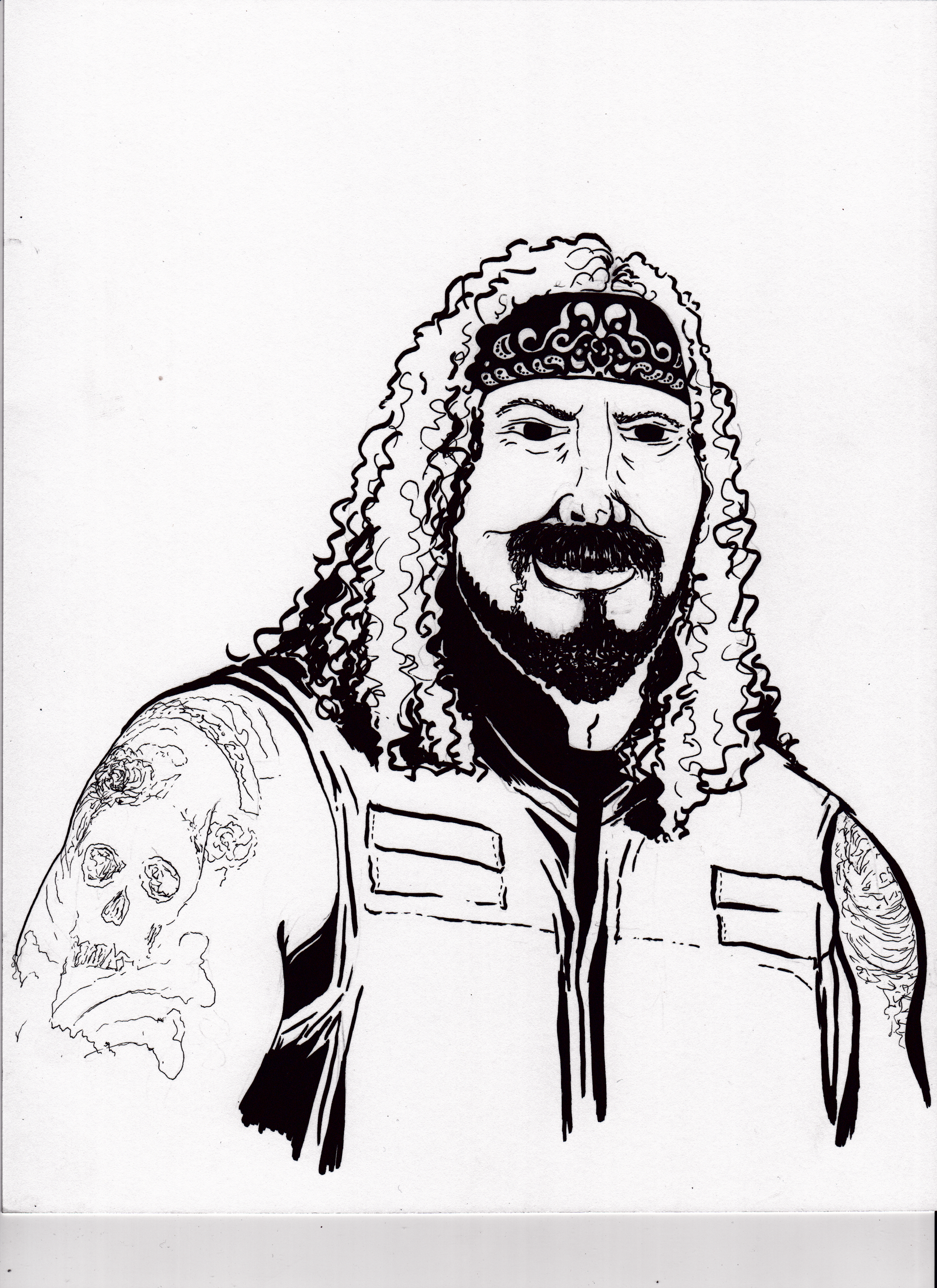 Black and white illustration of a man with long curly hair, beard, and mustache, wearing a bandana and a sleeveless vest, with tattoos on both arms.