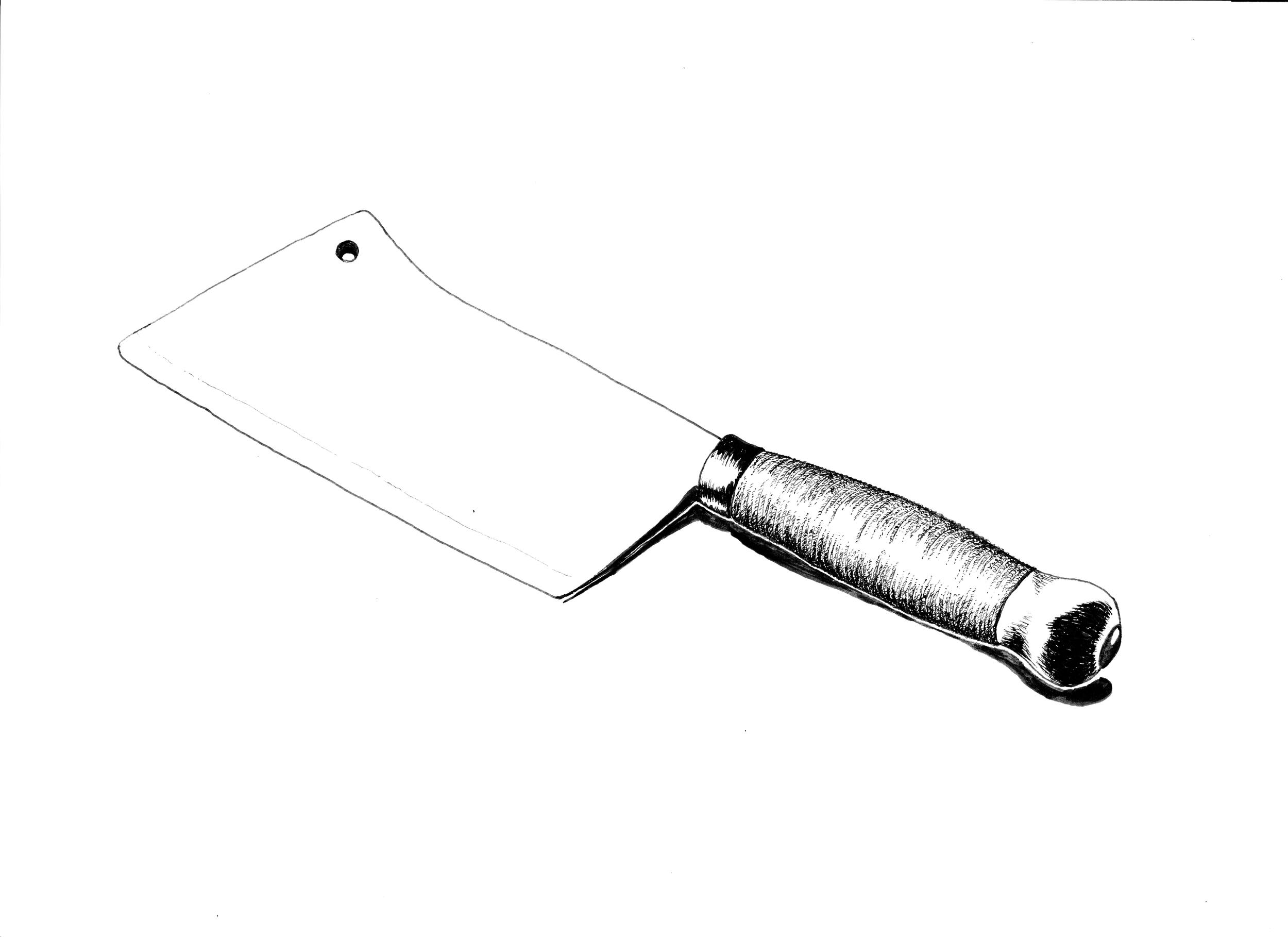 Black and white sketch of a meat cleaver with a thick blade and a textured handle.