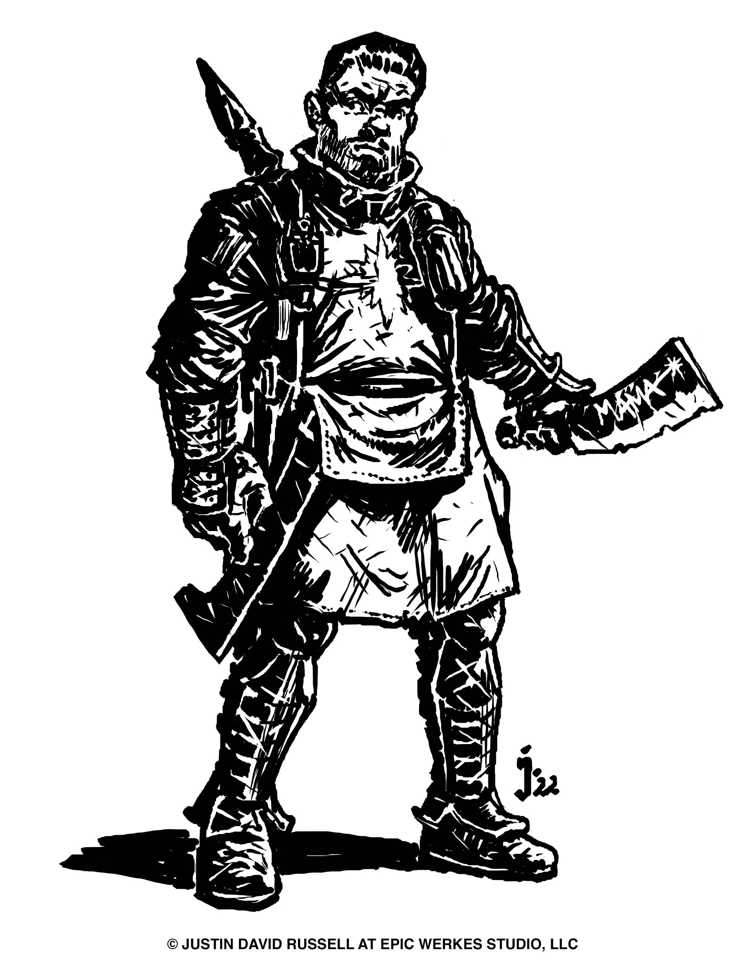 Black and white illustration of a man holding a cleaver, wearing tactical gear and boots.