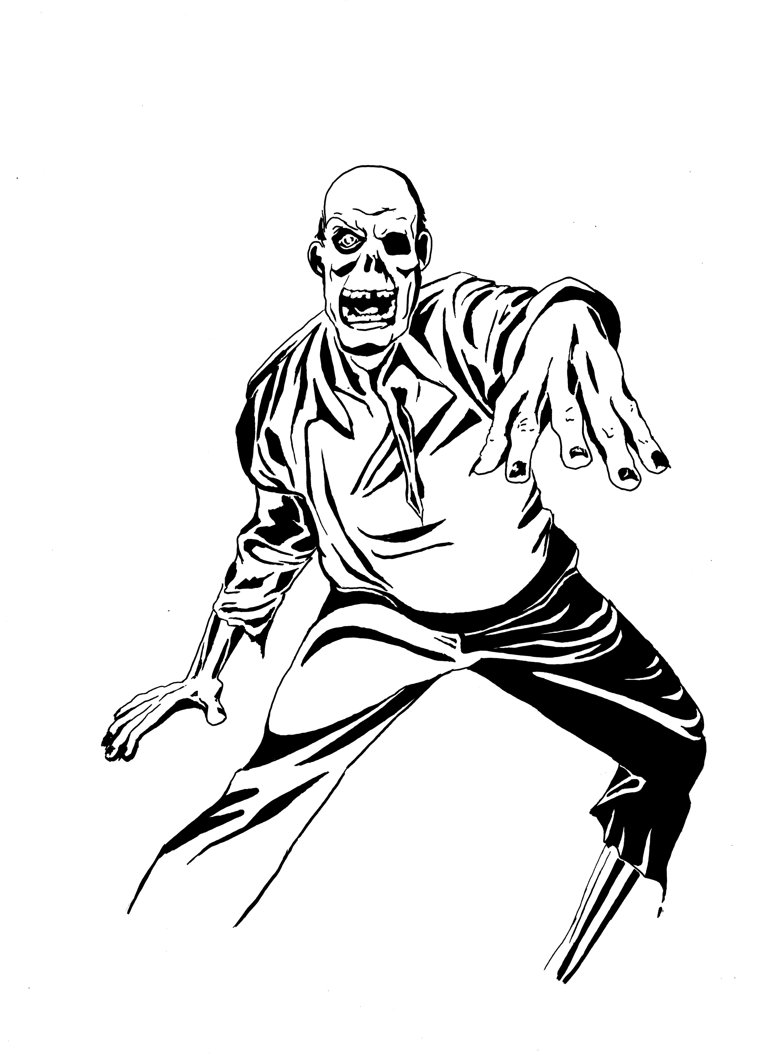 Black and white illustration of a zombie reaching forward with a fierce expression, exposing teeth and hollow eyes.