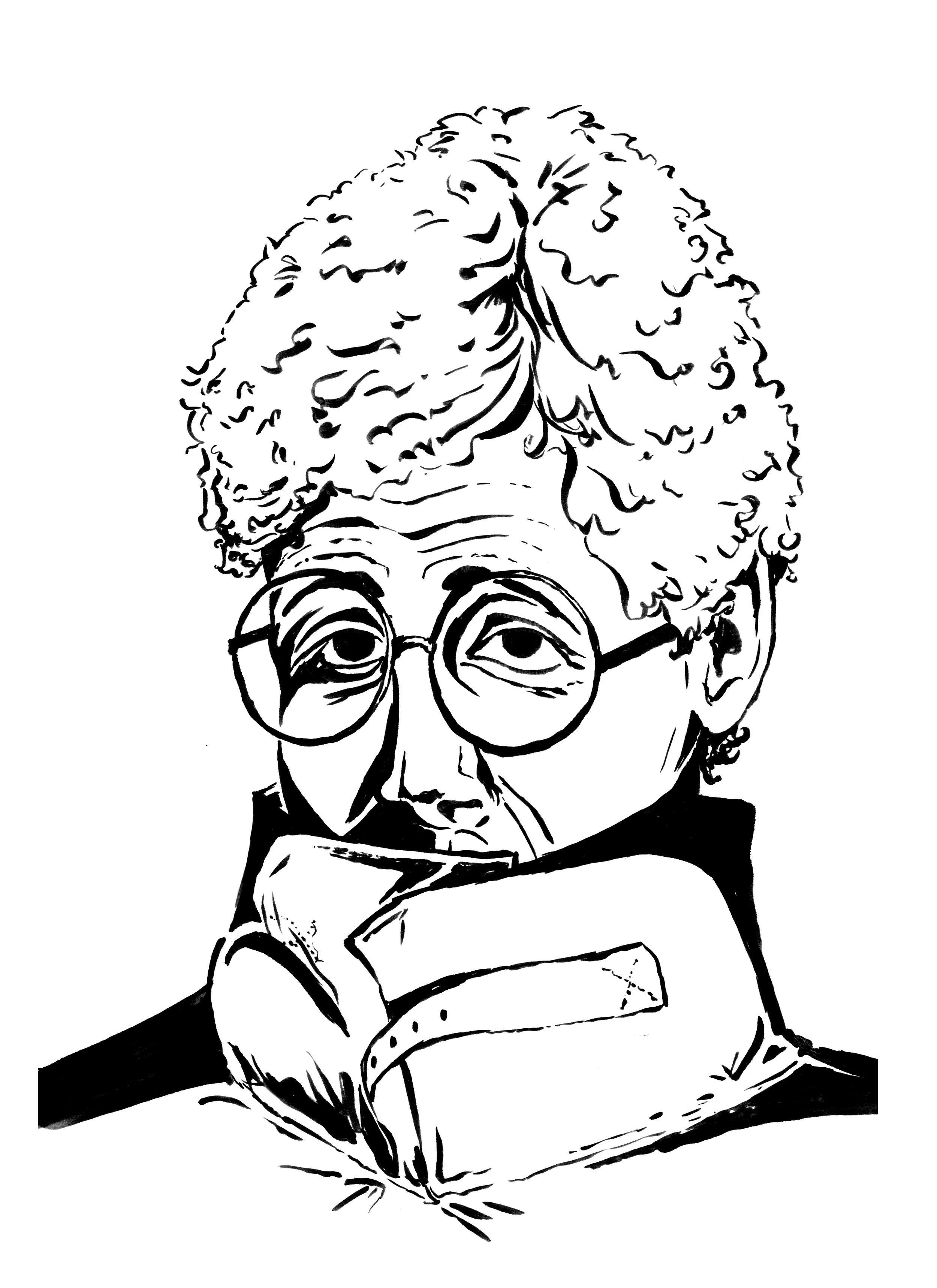 Black and white sketch of a man with curly hair, wearing glasses, shielding his neck and face.