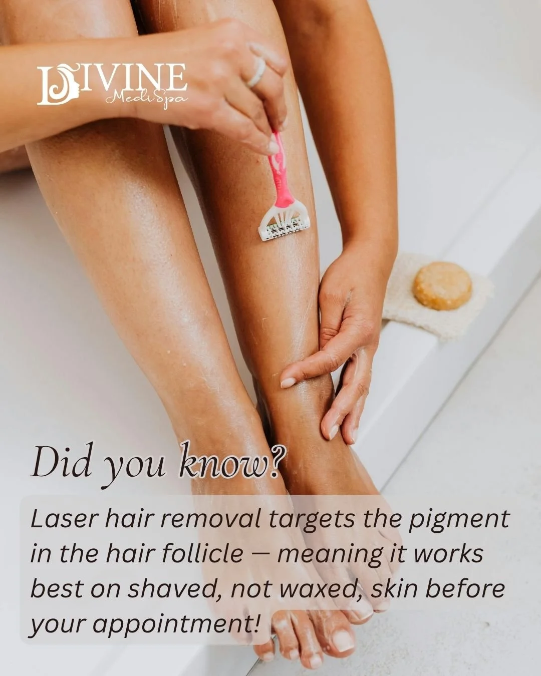 ⚡️ Did you know? Laser hair removal works best on shaved skin — not waxed! Shaving leaves the pigment in the follicle so the laser can do its job effectively.
At Divine MediSpa, our trained technicians ensure every treatment is comfortable, sa