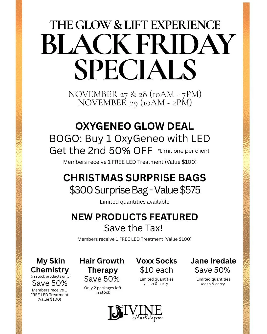 📣 BLACK FRIDAY SPECIALS START THIS THURSDAY!

Our biggest savings of the year are almost here (3 days only!!!) &mdash; and you can grab them at our event OR during regular spa hours!

These offers start Thursday and are available Nov 27&ndash;29.
No