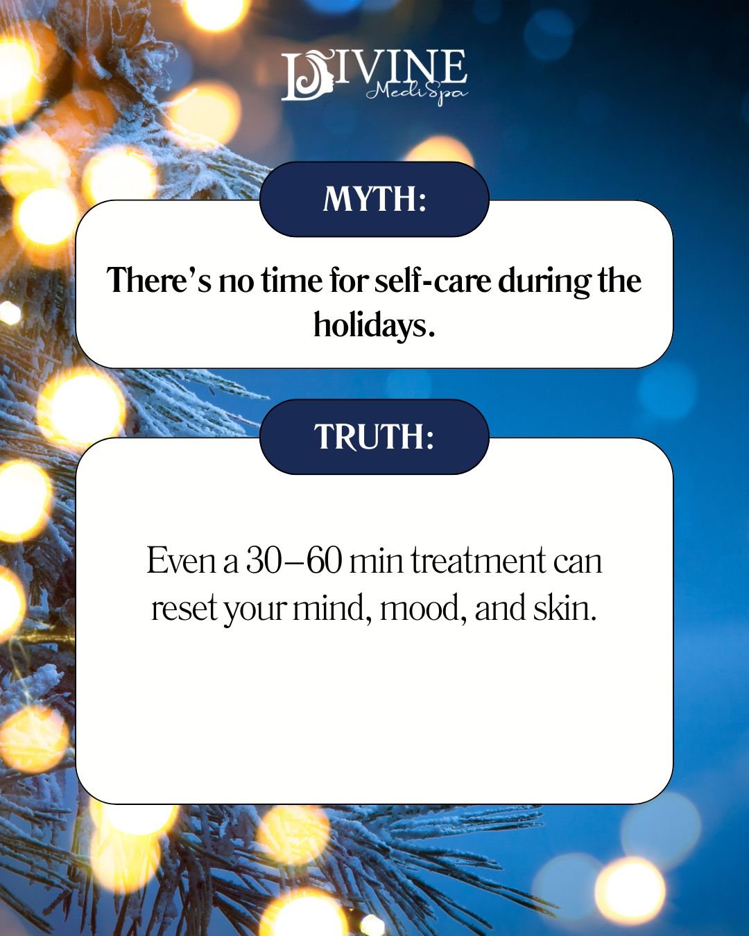 ✨ Myth:
 There&rsquo;s no time for self-care during the holidays.

💙 Truth:
 Even a 30&ndash;60 minute treatment can reset your skin and your stress levels &mdash; and you deserve that pause.

 A quick facial, OxyGeneo glow, or skin-tightening sessi