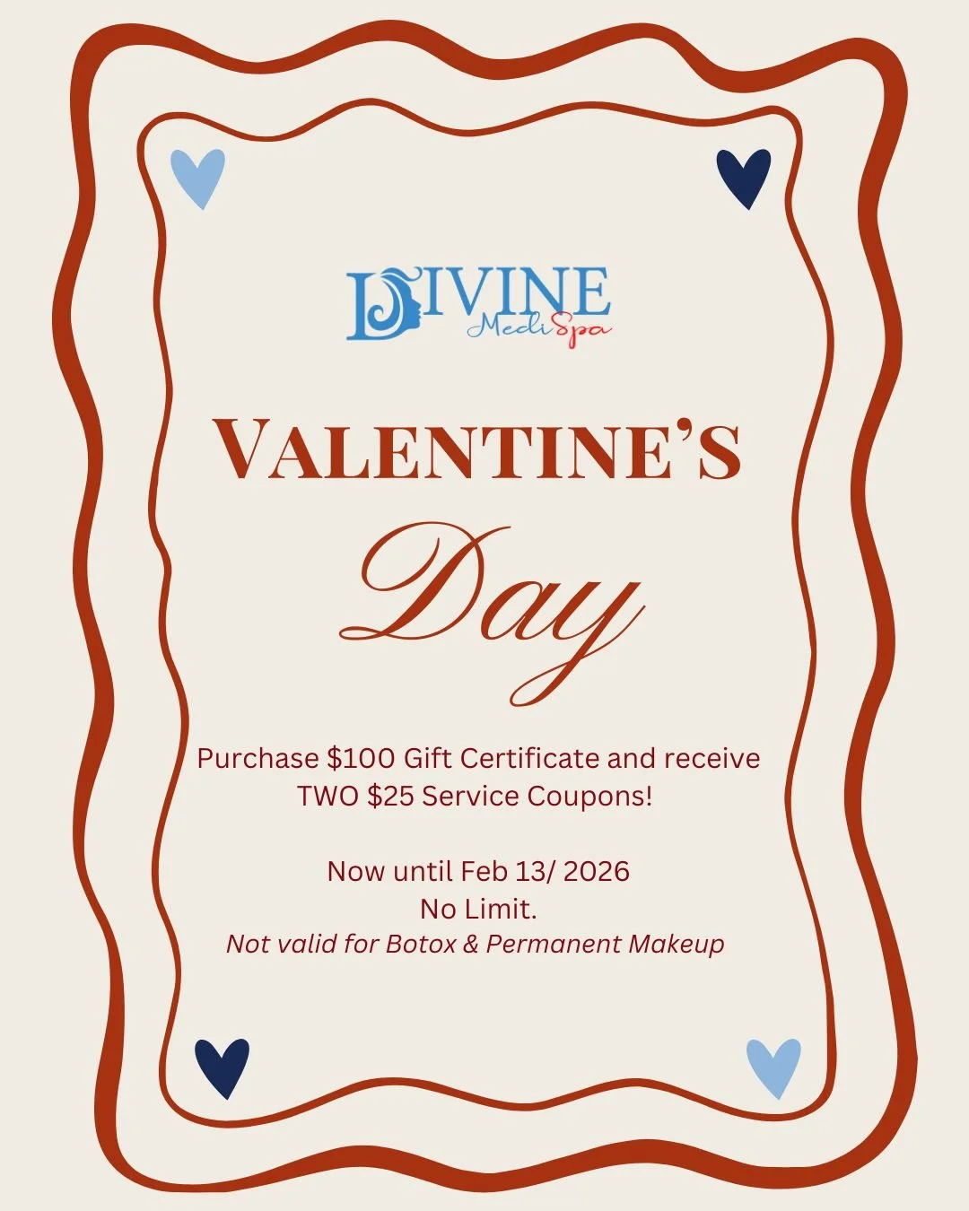 🎁 Valentine&rsquo;s Gift Certificate Special

The perfect gift for someone special (or yourself!):

Purchase a $100 Gift Certificate
➡️ Receive TWO $25 service coupons

A little extra love, on us 💕
