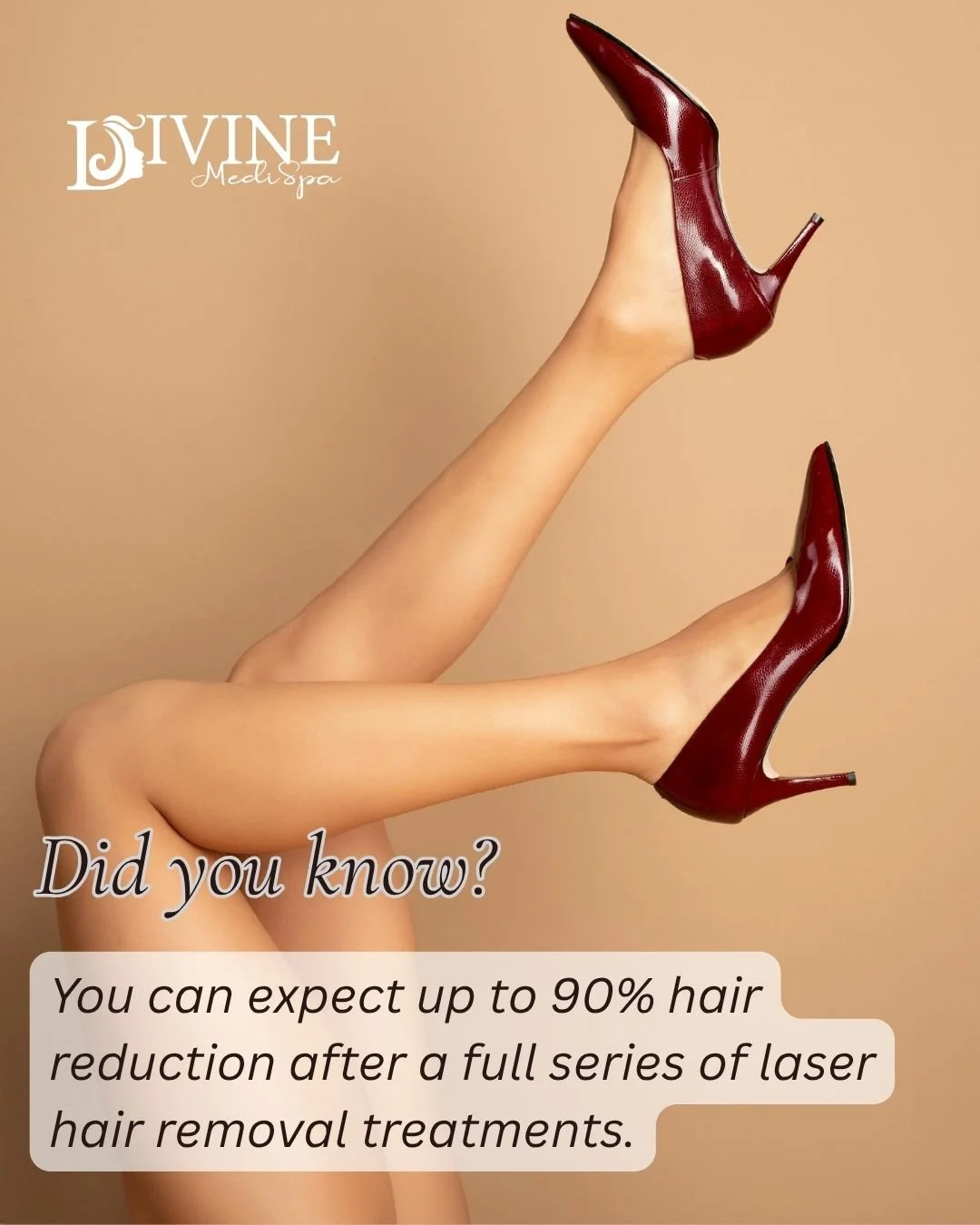 🙌 Did you know? You can achieve up to 90%  hair reduction after a full series of laser treatments!

✨ Experience the confidence of smooth, hair-free skin with professional care from Divine MediSpa.