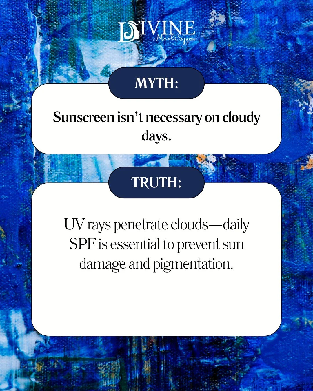 MYTH: Sunscreen isn&rsquo;t necessary on cloudy days.
TRUTH: UV rays penetrate clouds&mdash;and can damage your skin year-round. Daily SPF protects against sun damage, premature aging, and pigmentation. 🌞💛

At Divine MediSpa, we emphasize sun prote